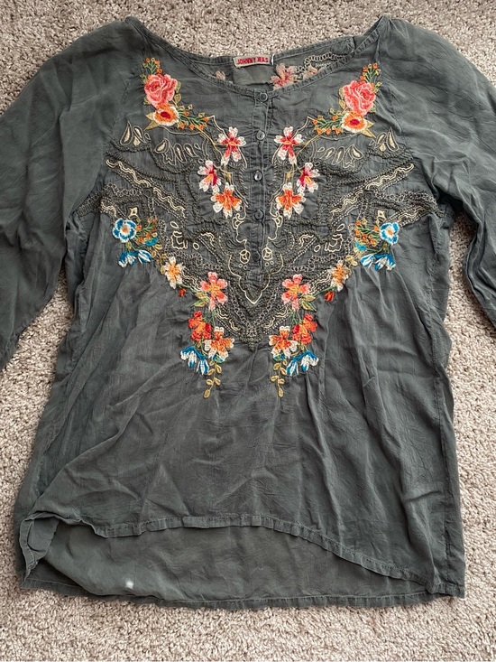 Johnny Was Tops - Johnny Was Green Linnet Boho Faire Embroidered Floral Peasant Blouse Large
